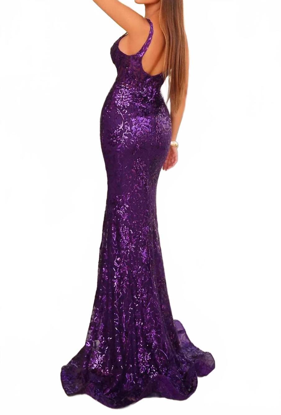 NEW CLARISSE evening mermaid gown with sequins in dark purple - Picture 2 of 2